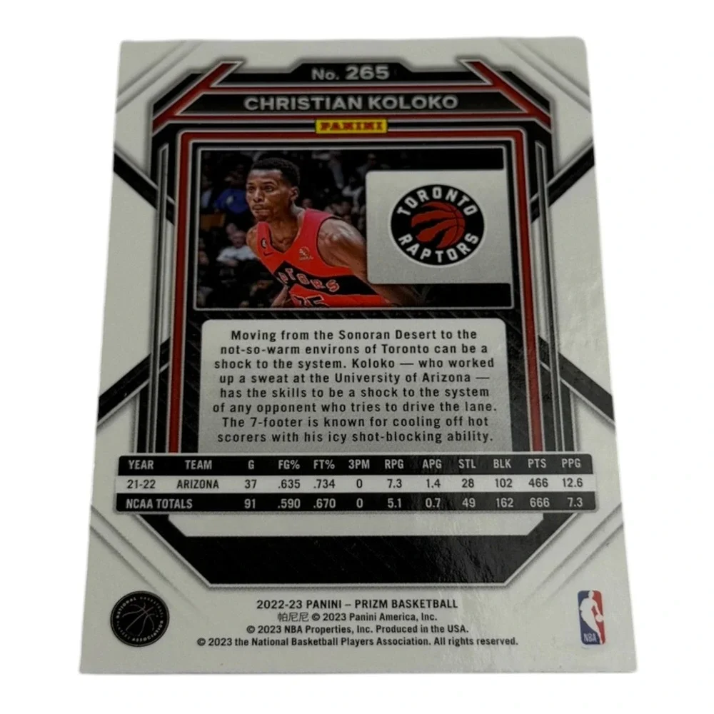 2022-23 Panini Prizm Christian Koloko Toronto Raptors Rookie Card RC Silver 265